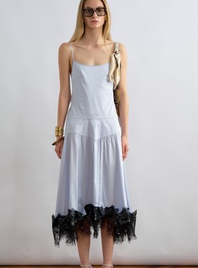 JACQUES WEI 安格集合店 25PF度假系列蓝色蕾丝拼接系带连衣裙女