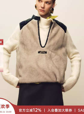 现货 MARCHEN 安格集合店 25冬季假日格纹拼接U领皮草小银狐背心