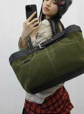JUNWEILIN 安格集合店 HOLIDAY系列黑色拼橄榄绿麂皮大容量托特包
