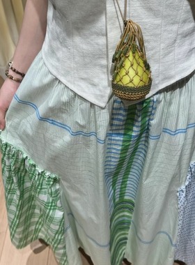 EKA 安格集合店 25SS春夏印度手工绿色格纹拼接大摆伞裙半身裙女