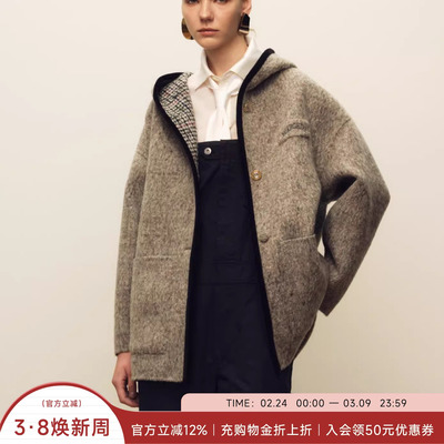 MARCHEN双面羊毛千鸟格大衣外套