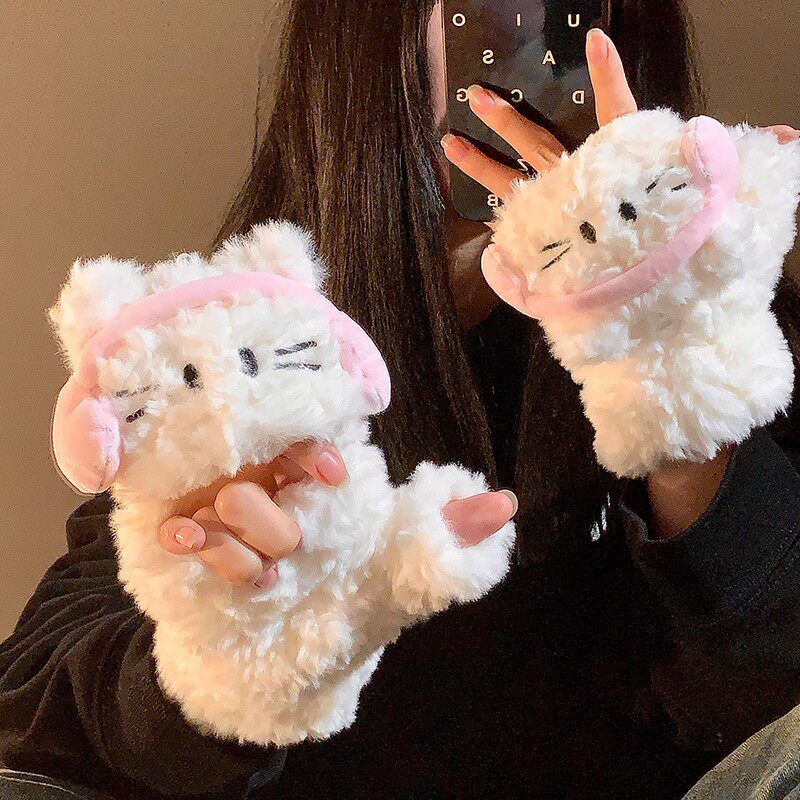 耳机猫咪翻盖露指手套女生冬季可爱百搭学生户外骑行毛绒保暖防寒