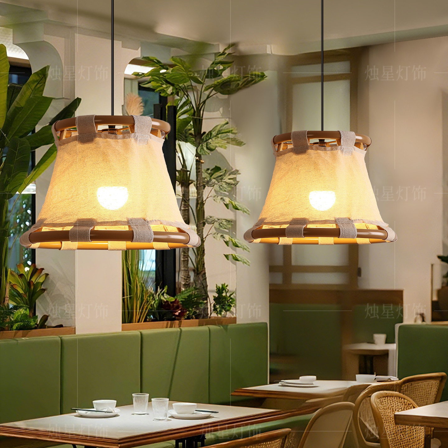 山野侘寂风餐厅吧台民宿禅意吊灯日式复古茶室餐饮新中式布艺灯具图片