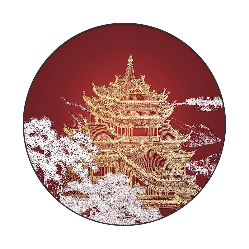 新中式圆形入户玄关装饰画亭台楼阁中国风酒店大堂玄关画餐厅图片