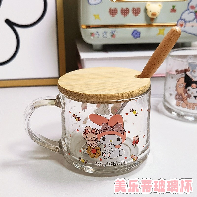 美乐蒂玻璃杯带盖水杯女孩子儿童美乐迪牛奶杯刻度杯早餐杯带把手