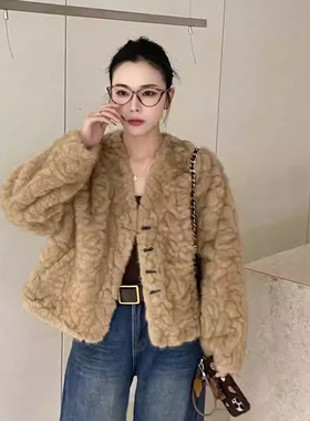 冬季简约千金风羊羔毛短外套女V领开衫百搭保暖显瘦毛毛外套27712