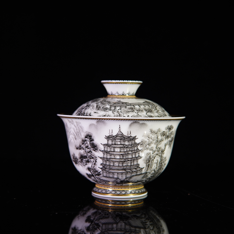 景德镇描金墨彩亭台楼阁盖碗茶具