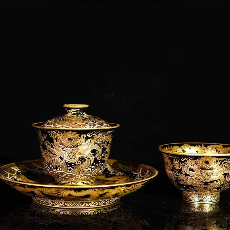 景德镇金银错九龙纹盖碗茶具套装纯手绘描金壶承高端陶瓷茶杯茶器