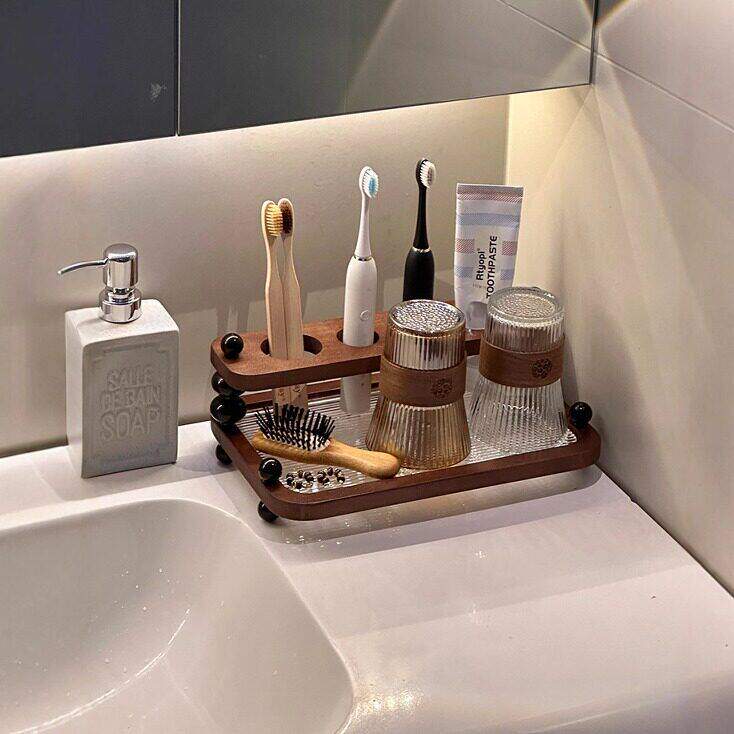 复古实木牙刷置物架漱口杯牙膏架电动牙刷架高级感收纳架浴室好物