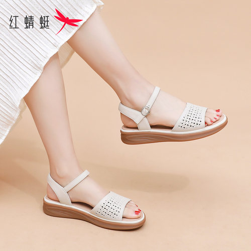 红蜻蜓真皮妈妈凉鞋女士2026夏季新款软底舒适防滑中老年不累脚