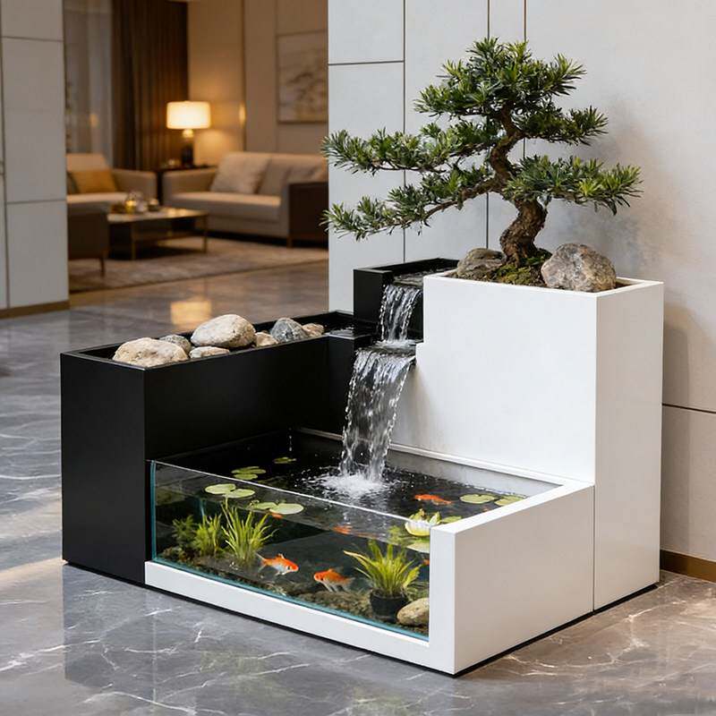 阳台创意流水鱼缸花箱组合落地钢化玻璃露台水循环鱼池不锈钢庭院