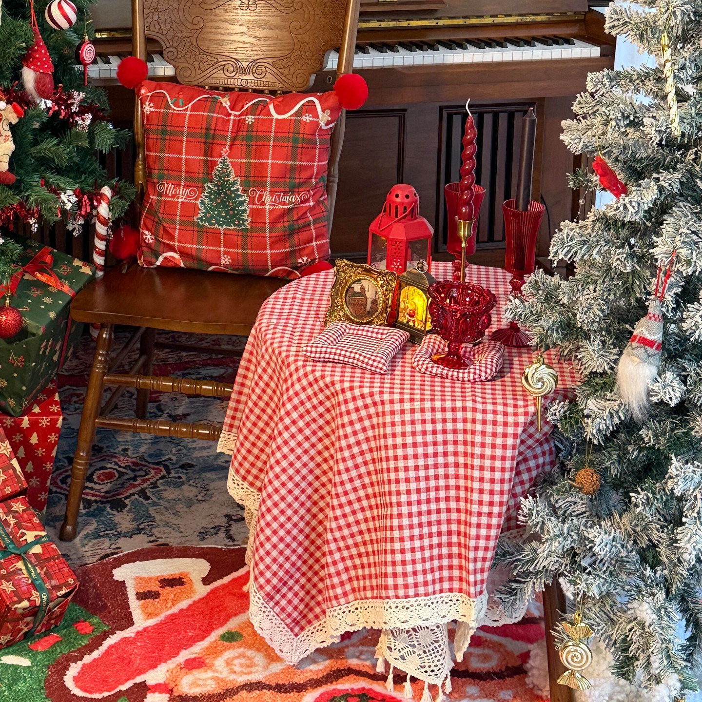 christmas装饰品红色格子圣诞桌布新年餐桌布餐厅装饰品拍照道具