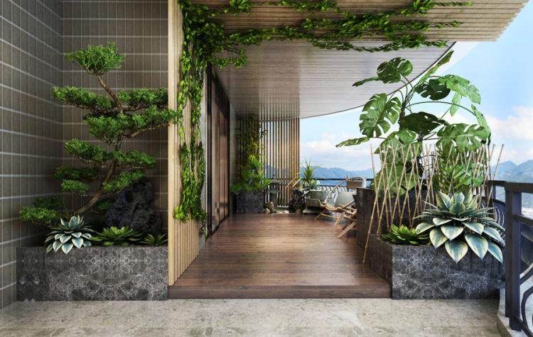 阳台花园设计效果图  植物背景墙植物墙休闲区石头墙植物休息区