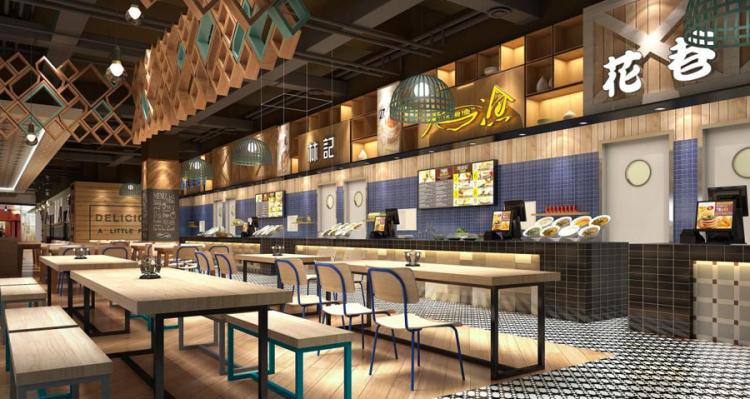 美食广场设计效果图 简餐厅大排档休闲广场自助餐厅传统小吃城