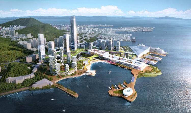 滨海公园海边沙滩景观设计效果图  滨水景观湖泊林荫小路房地产