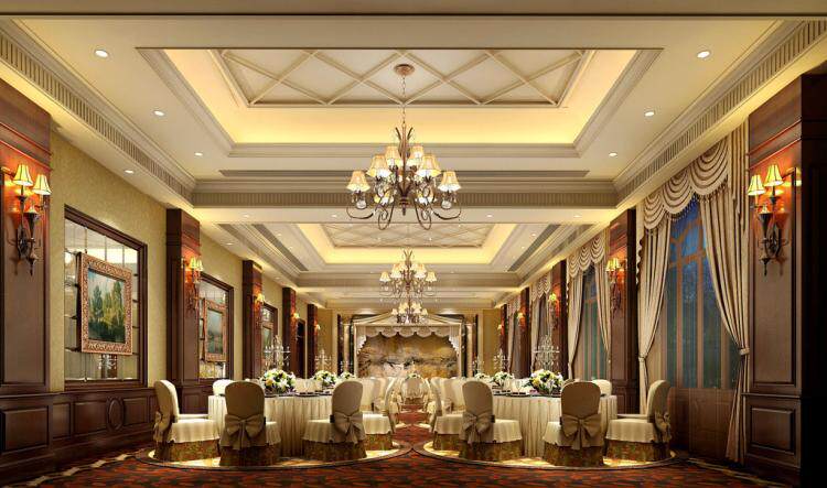 宴会厅设计案例效果图  课桌式摆台国际宴会厅大宴会厅高档宴会厅