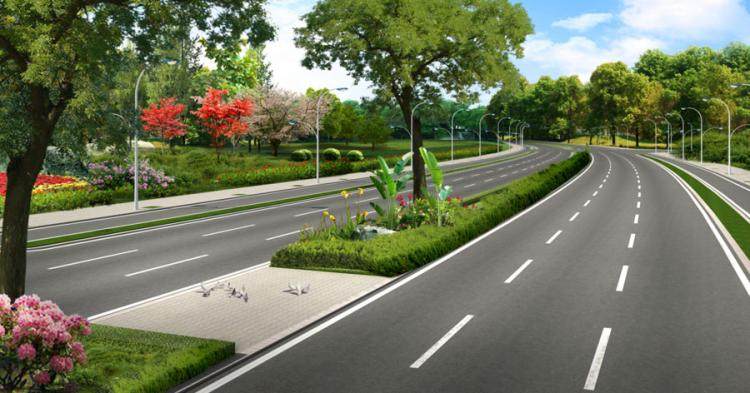 道路绿化景观设计 公路绿化种植山体景观表现公路效果图马路路灯
