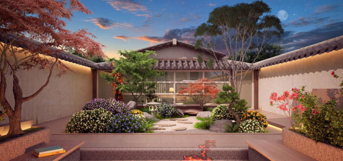 中式风格庭院院子设计效果图大宅门住宅别院中式园林假山古城宅院