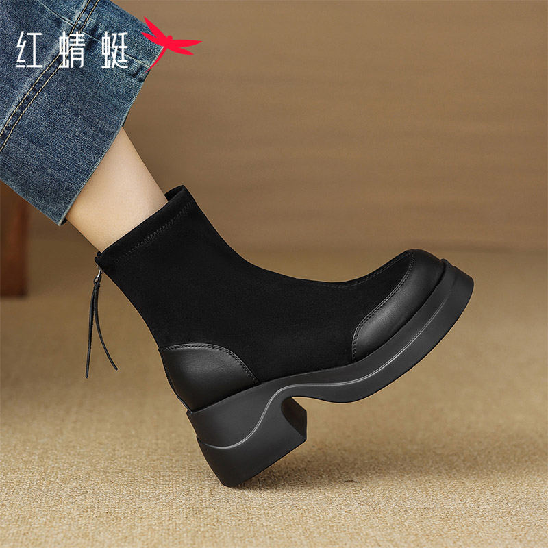红蜻蜓女鞋2025秋季新款弹力靴
