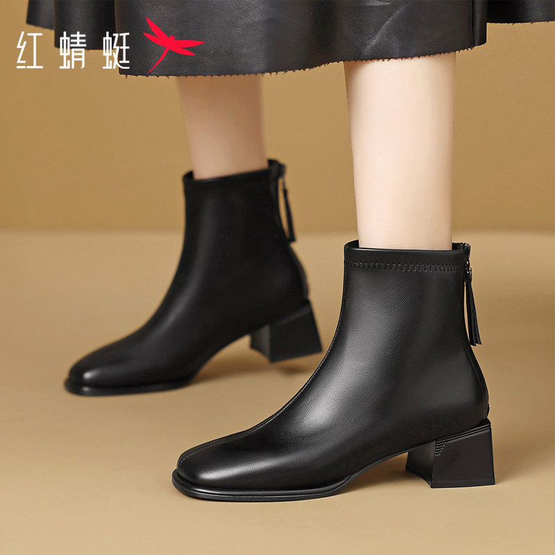红蜻蜓女鞋2026春夏新款马丁靴短靴妈妈靴高跟时尚瘦瘦靴皮靴女款
