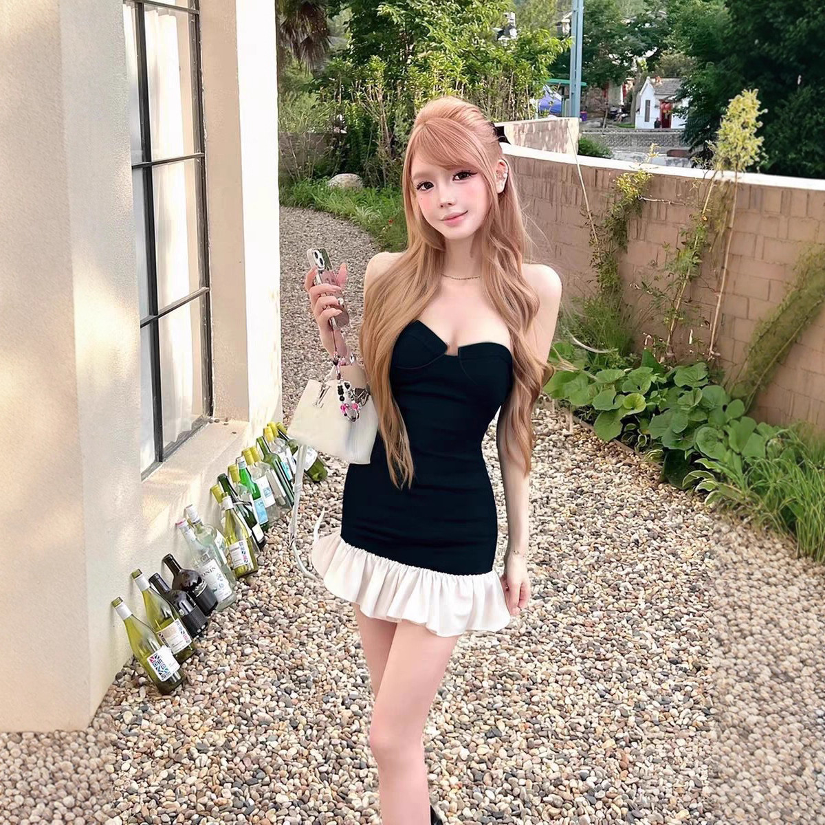 TZ6986纯欲风撞色抹胸连衣裙女高级感气质轻奢优雅生日宴会礼服