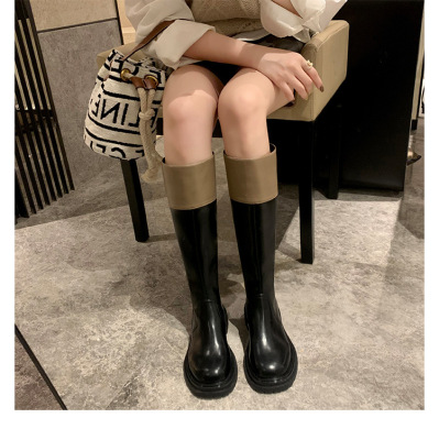 葡萄妈同款 佩斯花园~拼色圆头厚底后拉链高筒靴女真皮长靴骑士