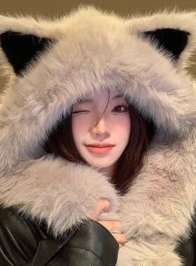 狐狸耳朵帽子围巾一体女