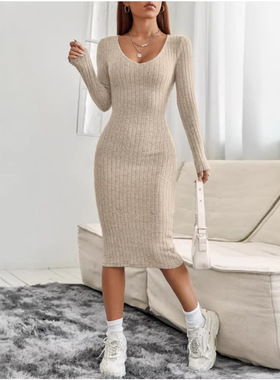 欧美时尚气质针织包臀长袖连衣裙