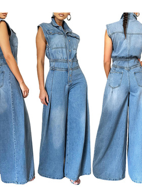 88680女装 休闲水洗无袖牛仔连体阔腿裤