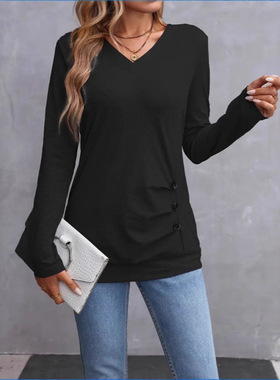 2025ebay欧美纯色长袖纽扣休闲T恤