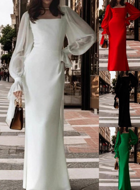 2025欧美贸长袖u领修身鱼尾拖地婚纱礼服纱抹胸敬酒礼服外拍长裙