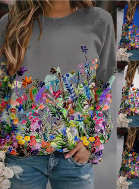 2025花朵印花长袖圆领卫衣女装