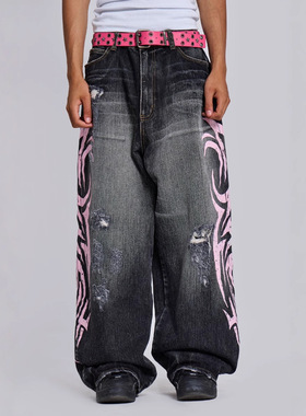 潮牌水洗破洞印花牛仔裤jadedlondon街头嘻哈直筒休闲裤子女