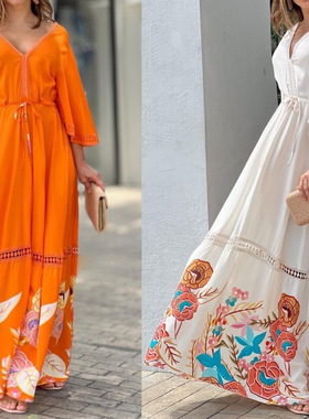 23欧美 蕾丝印花拼接7分袖V领长款大摆连衣裙