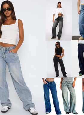 TEMU欧美女士简约中腰无弹直筒牛仔长裤