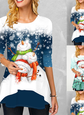 欧美女装圣诞节雪人弧形拼接下摆T