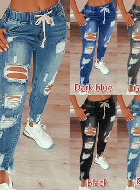 2025欧美松紧腰女士牛仔裤高腰破洞小脚系带长裤