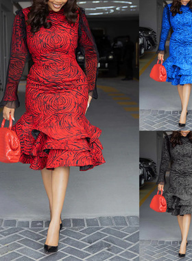 23欧美印花圆领长袖网纱拼接荷叶边裙