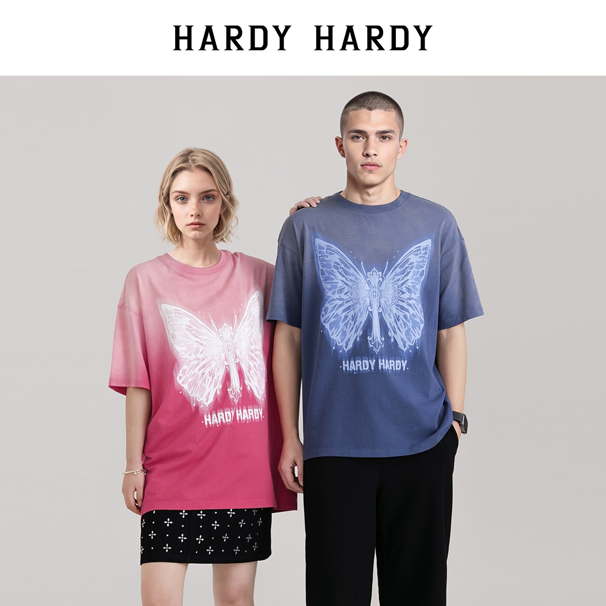 HARDY HARDY夏新款潮牌印花字母蝴蝶短袖T恤男女半袖体恤情侣上衣