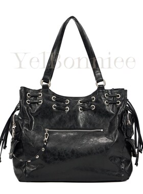 Savuni韩国Deinet小众拉绳大容量手提袋通勤包铆钉摩托车大肩包