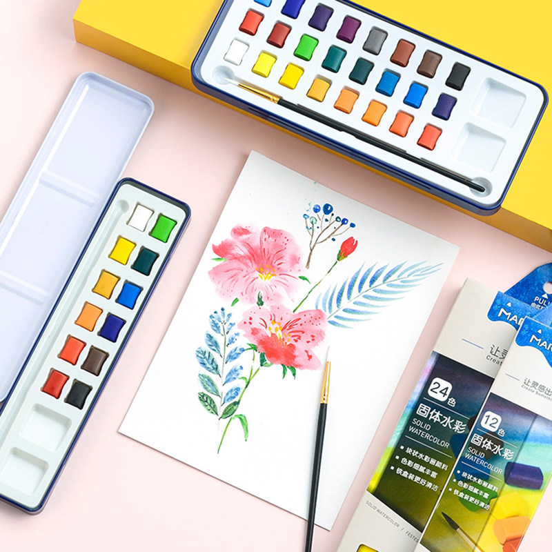 Marco马可水彩颜料固体24色 12色套装学生用初学者成人儿童绘画专业手绘画画颜料水彩练习入门级颜料套装便携 飞乐鸟文具专营店