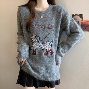 实拍秋冬大码 松驰感气质减龄软糯毛衣童趣萌宠小狗保暖上衣针织衫