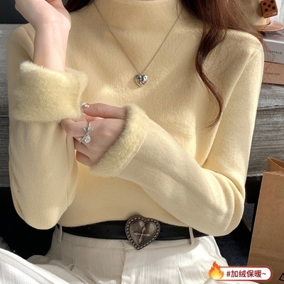 黄色半高领毛衣女秋冬内搭加绒加厚打底衫一体绒高级感上衣