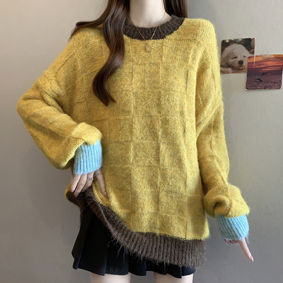 实拍大码秋冬韩系慵懒风保暖毛针织衫上衣设计感拼色软糯毛衣