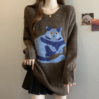 实拍秋冬大码休闲设计感萌宠提花猫咪毛衣温暖风上衣软糯针织衫