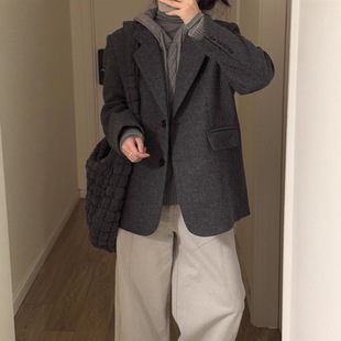 灰色西装呢子大衣女短款韩系2025新款秋冬加厚小个子毛呢外套百搭