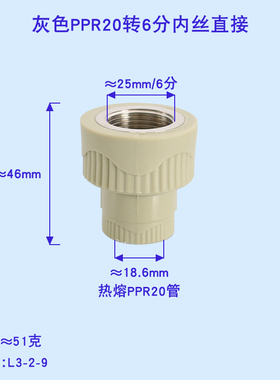 灰色PPR20 25 32 40 50 63 75 90 110转4分6分1寸1.2寸铜内丝直接