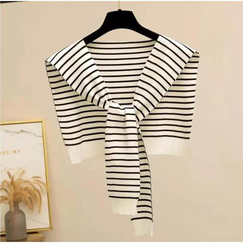 白色条纹外搭小披肩针织打结女韩版百搭装饰假领子围巾春夏秋搭肩