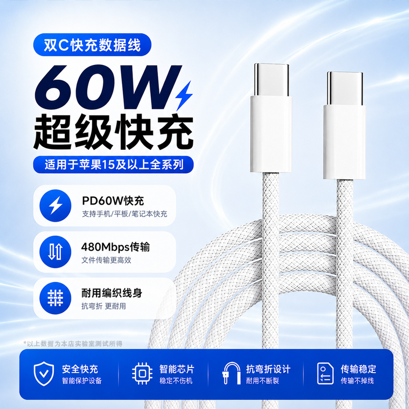 适用于苹果快充线支持15/16/17全系快充线Type-c编织线USB编织线60W快充数据传输加长线爱思助手