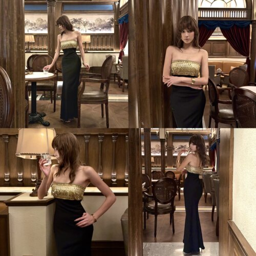 黑色抹胸亮片珠绣流苏缎面礼服裙
